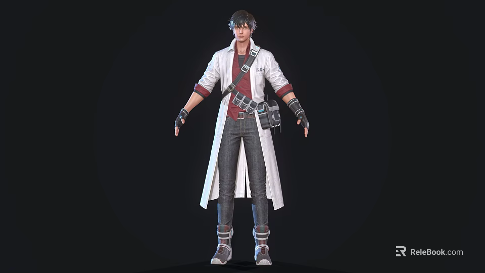 Game Movie Character Wearing Long White Coat Red Inner Shirt Jeans And Goggles On Head 3d model 