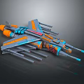 Sci Fi Spaceship Model With Multiple Cannons Orange Blue Details Wings And Engines 3d model