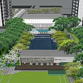 Modern Sales Office Building Architectural Design With Glass Facade Urban Landscaping And Water Features