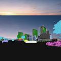 Modern Residential Buildings High Rise And Low Rise Street Scene Vehicles Pedestrians Trees Sky Clouds