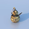Traditional Antique Style Oriental Gourd Shaped Decorative Vessel With Intricate Golden Patterns