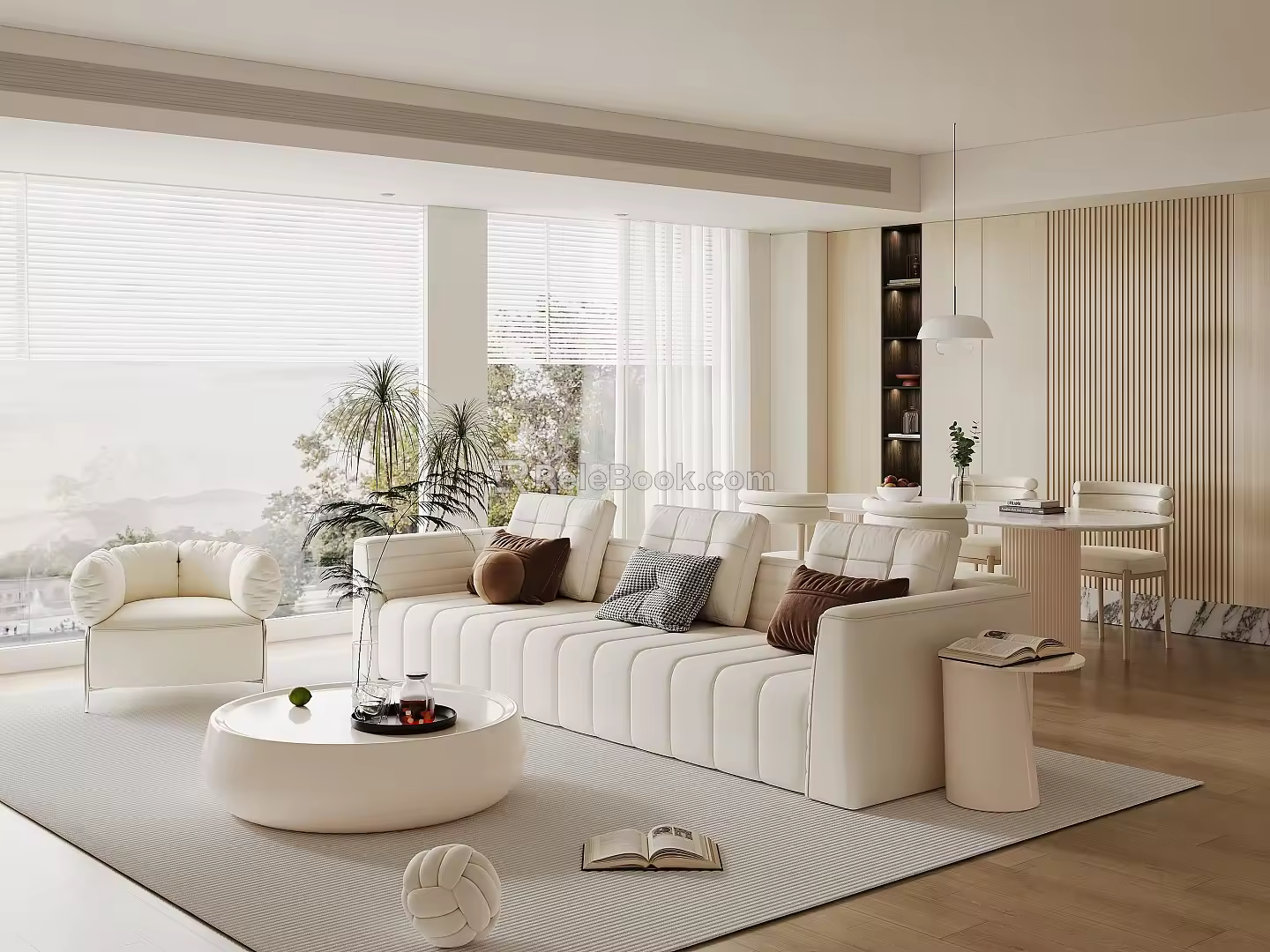 Cream Style Home Guest Restaurant Fabric Sofa Coffee Table Combination Round Coffee Table Dining Table and Chair Combination Backrest Dining Chair Leisure Sofa Chair Floor-to-ceiling Window Decoration Ornaments 3d model