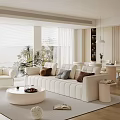 Cream Style Home Guest Restaurant Fabric Sofa Coffee Table Combination Round Coffee Table Dining Table and Chair Combination Backrest Dining Chair Leisure Sofa Chair Floor-to-ceiling Window Decoration Ornaments 3d model