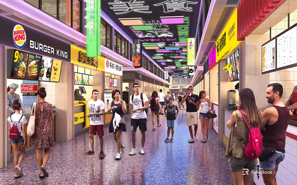 Vibrant Commercial Street Featuring Burger King Shops Colorful Decorations And Pedestrians 3d model 