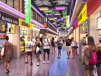 Vibrant Commercial Street Featuring Burger King Shops Colorful Decorations And Pedestrians 3d model