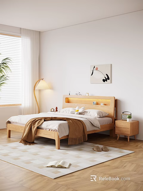 Modern Wooden Double Bed With LED Headboard White Sheets Brown Blanket Nightstand Decorative Painting 3d model 