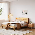 Modern Wooden Double Bed With LED Headboard White Sheets Brown Blanket Nightstand Decorative Painting
