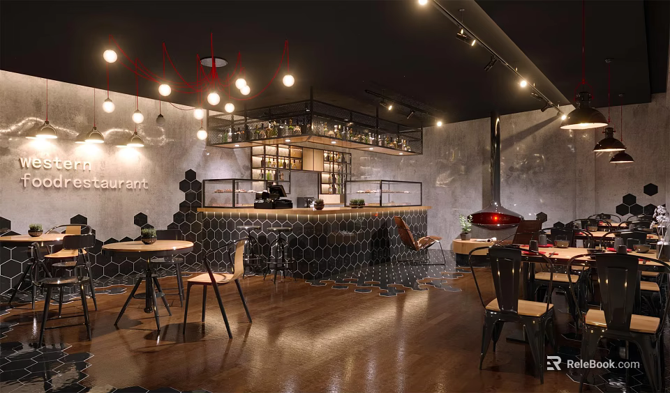 Modern Bar Interior With Hexagonal Counter Pendant Lights And Wooden Flooring 3d model 