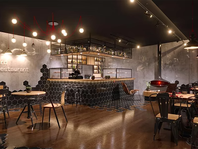 Modern Bar Interior With Hexagonal Counter Pendant Lights And Wooden Flooring 3d model