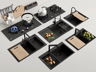 Various Black Kitchen Sinks With Wooden Cutting Board Fresh Fruits And Modern Faucet 3d model