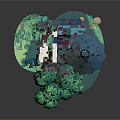 Fairy Tale House Scene With Green Trees Blue Roof Pink Walls And Round Base
