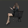 Woman Sitting On Black Bench Holding Phone Wearing Black Coat Black Skirt And High Heels