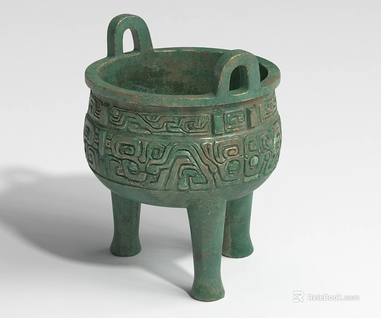 Ancient Style Bronze Landscape Sculpture With Intricate Patterns Three Legs And Two Handles 3d model 