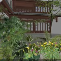Traditional Chinese Garden Landscape With Wooden Architecture Green Plants Palm Leaves And Yellow Flowers