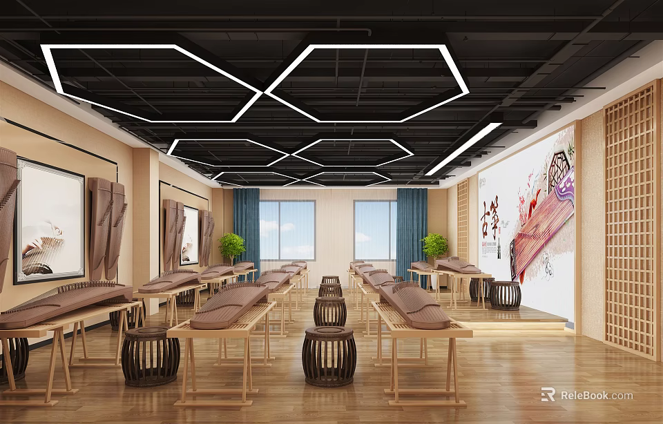 School Classroom Interior With Wooden Desks Chairs Black Ceiling Hexagonal White Light Strips Blue Curtains 3d model 