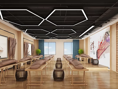 School Classroom Interior With Wooden Desks Chairs Black Ceiling Hexagonal White Light Strips Blue Curtains 3d model