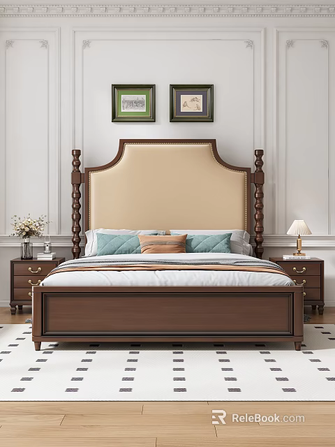 Background Double Bed with Beige Upholstered Headboard Wooden Posts Nightstands and White Paneled Wall 3d model 