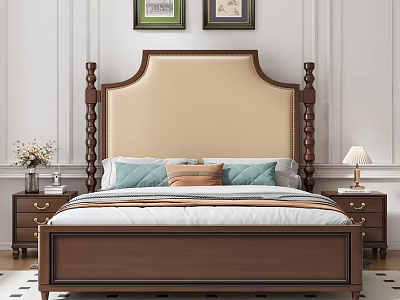 Background Double Bed with Beige Upholstered Headboard Wooden Posts Nightstands and White Paneled Wall 3d model