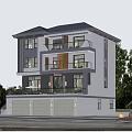 Modern Three Story Detached Villa With Balconies Garage And Green Trees