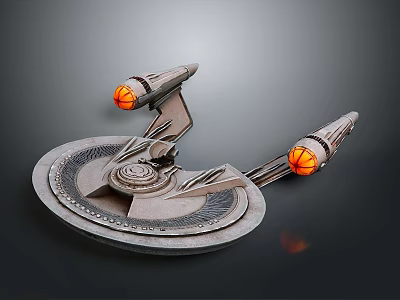 Futuristic 3D Starship Model With Disc Shaped Structure And Glowing Engines 3d model