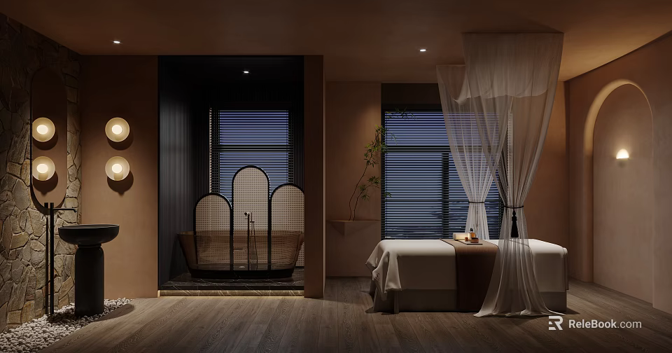 Modern Beauty Salon Interior With Comfortable Treatment Beds And Elegant Decorative Lighting 3d model 