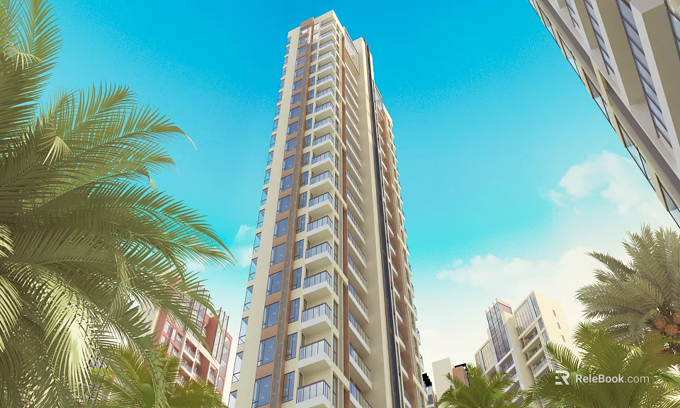 Modern Tall Residential Building with Balconies Palm Trees Blue Sky and White Clouds 3d model 