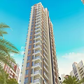 Modern Tall Residential Building with Balconies Palm Trees Blue Sky and White Clouds
