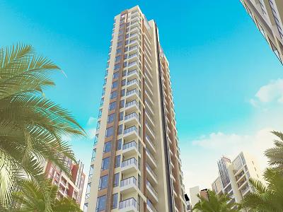 Modern Tall Residential Building with Balconies Palm Trees Blue Sky and White Clouds 3d model