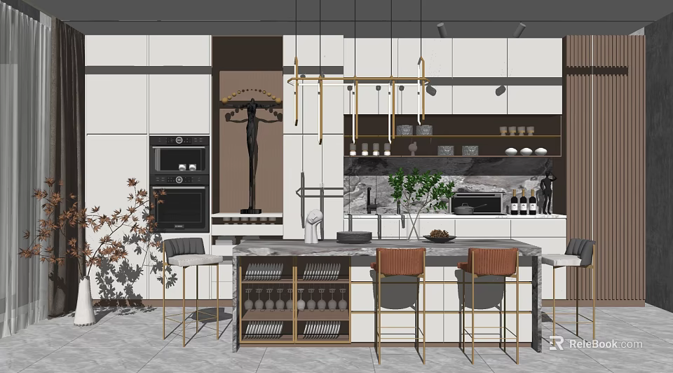 Modern Kitchen Interior With Island Counter Hanging Lights Cabinets And Bar Stools 3d model