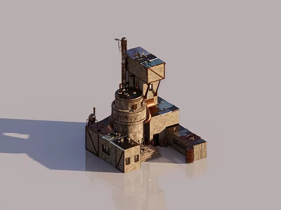 3D Building Model With Mixed Cylindrical Square Structures Wooden Stone Texture And Detailed Shadow 3d model