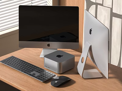 Apple iMac and Mac Studio Desktop Setup with Keyboard Mouse and Monitor Stand 3d model