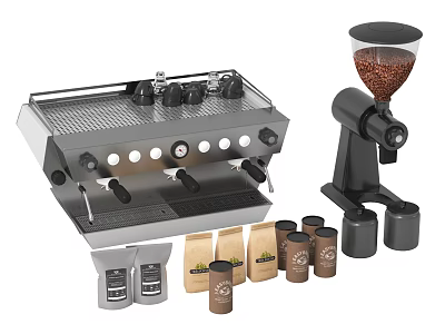 Stainless Steel Espresso Machine And Coffee Grinder With Coffee Bags 3d model