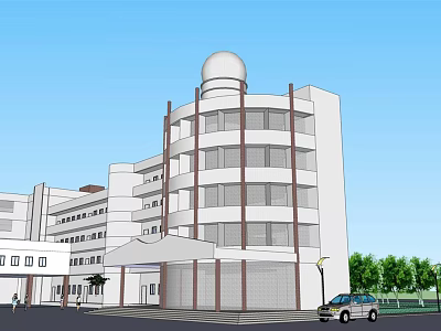 Modern Multi Story Office Building With Glass Windows Dome Structure And Entrance 3d model