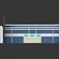 Modern Stadium Architecture With Blue Exterior Red Seats Green Pitch And Floodlights