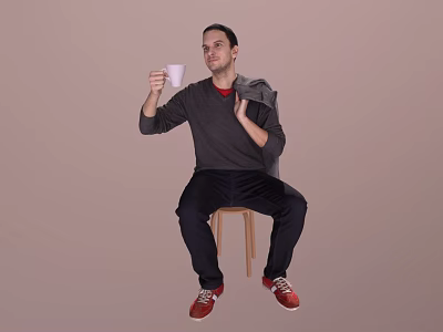 Man Sitting On Chair Holding White Cup Wearing Gray Sweater Red Shirt And Red Shoes 3d model