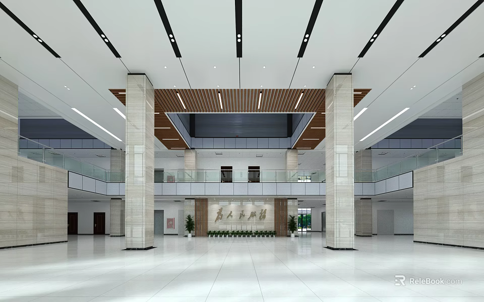 Spacious Lobby Reception Desk In People's Building With Marble Floor Columns And Ceiling Lighting 3d model 