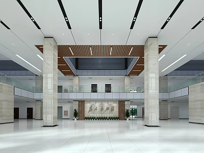 Spacious Lobby Reception Desk In People's Building With Marble Floor Columns And Ceiling Lighting 3d model
