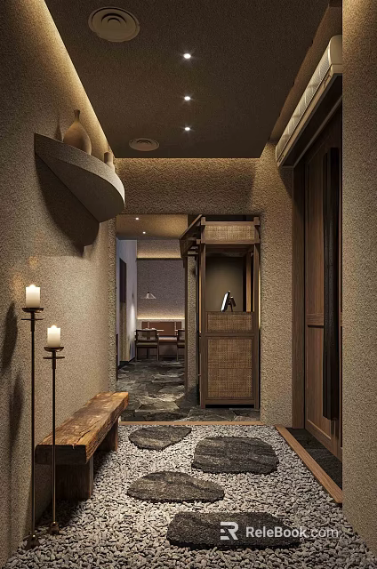 Cozy Store Front Desk Space With Wooden Counter Stone Walls Candle Lamps And Bench Seating 3d model 