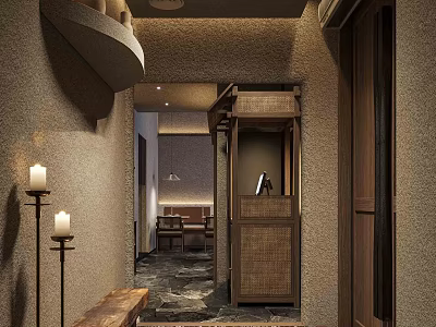 Cozy Store Front Desk Space With Wooden Counter Stone Walls Candle Lamps And Bench Seating 3d model