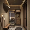 Cozy Store Front Desk Space With Wooden Counter Stone Walls Candle Lamps And Bench Seating