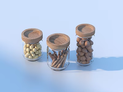 Kitchen Storage Glass Jars With Wooden Lids Holding Nuts And Cinnamon Sticks 3d model