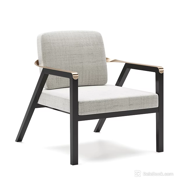 Modern Light Gray Linen Accent Chair With Black Wooden Frame And Gold Metal Armrests 3d model 