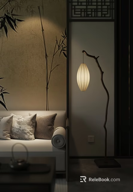 Cozy Living Room Interior With Sofa Pillows Bamboo Pattern And Curved Floor Lamp 3d model 
