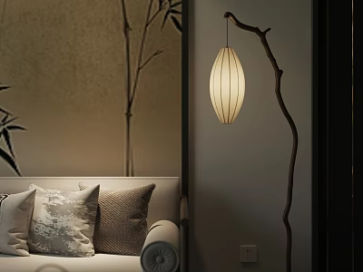 Cozy Living Room Interior With Sofa Pillows Bamboo Pattern And Curved Floor Lamp 3d model