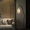 Cozy Living Room Interior With Sofa Pillows Bamboo Pattern And Curved Floor Lamp