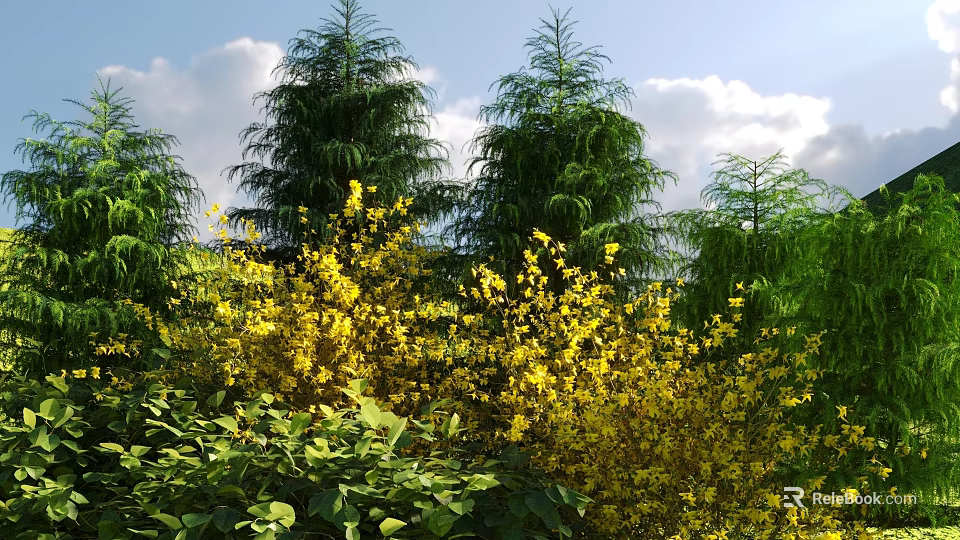 Bright Yellow Flowering Shrubs Growing with Green Trees Under Clear Blue Sky 3d model 
