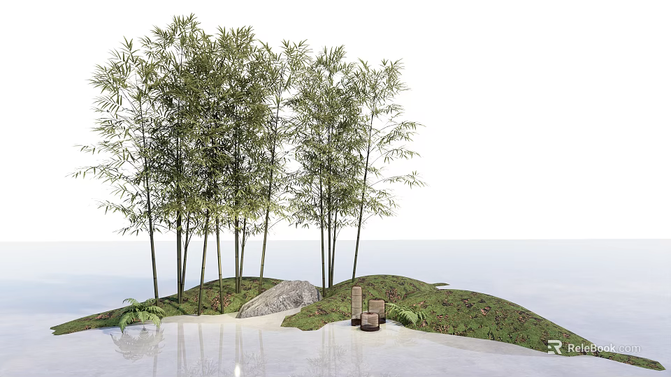 Lush Bamboo Grove Scene With Green Hillside Stone And Calm Water Reflection 3d model 