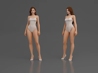 Woman In White Bodysuit And High Heels Front And Side Views On Gray Background 3d model