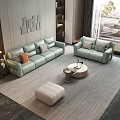 Modern Living Room Light Green Sofa Set With Orange Gray Pillows Ottoman And Coffee Table