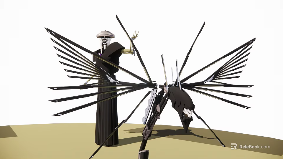 Mysterious Game Movie Character Wearing Black Robe And Hat With Mechanical Wings And Kneeling Figure 3d model 